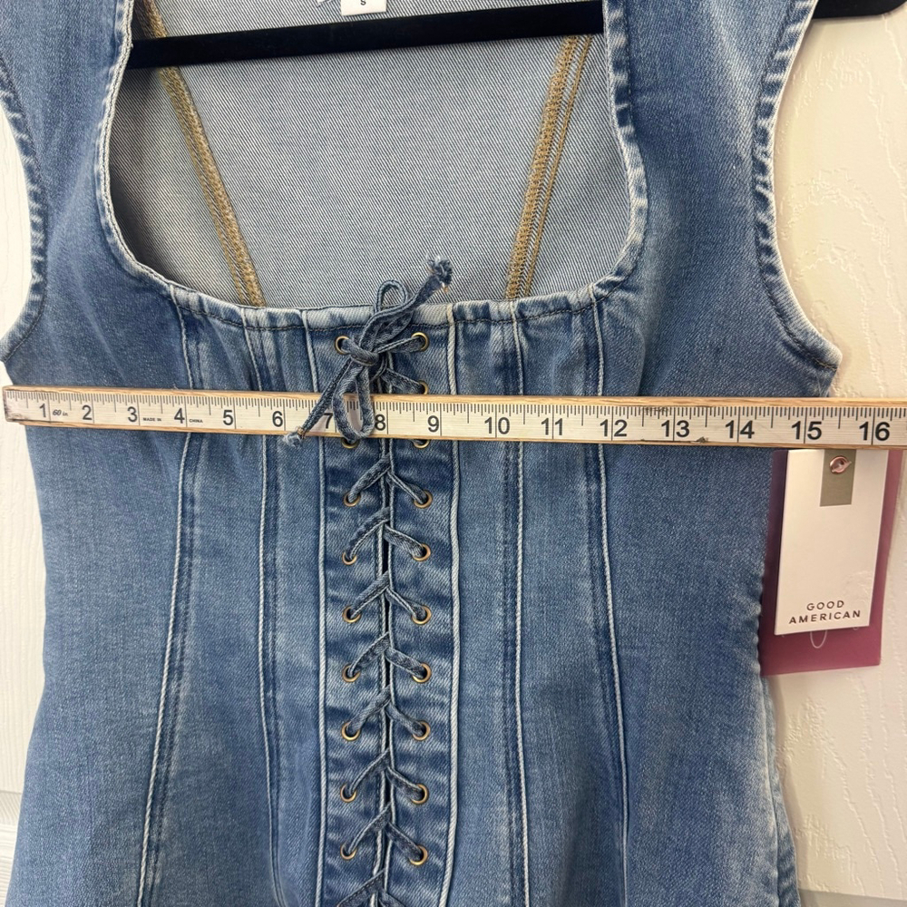 Good American Dolly Denim Corset Top Peplum Lace Up Tank indigo Wash NWT Small - Picture 7 of 8